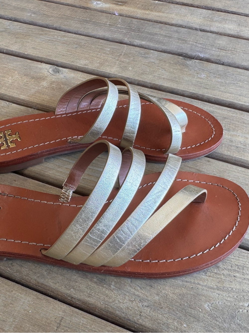 Tory Burch Metallic Gold Multi-Strap Leather Slide Sandals - Picture 5 of 7